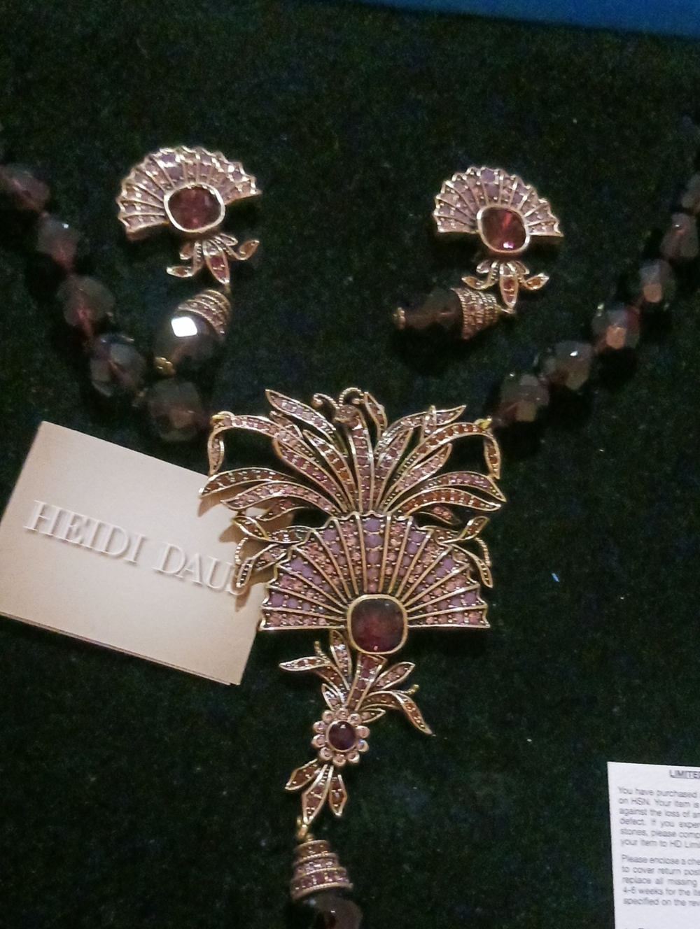 Heidi Daus Purple and Gold Fan Motif Crystal Necklace & Earrings Set